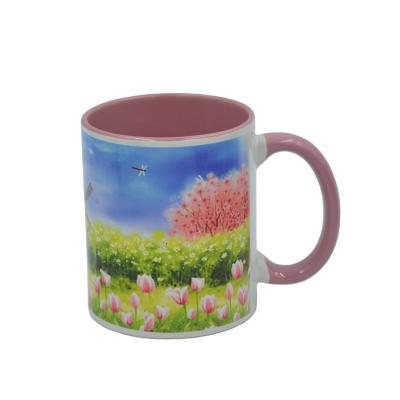 China Inner 11oz Durable And Handle Pink Color Sublimation Printing Ceramic Mug for sale