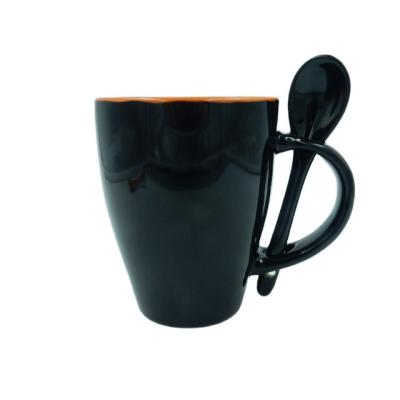 China Sustainable Nordic Inner Orange Outside Black Glazed Ceramic Spoon Mug For Souvenir for sale