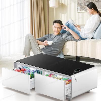 China 2021 wholesale brand new hotel fridge coffee table smart fridge table with phone chargers bluetooth speakers for sale