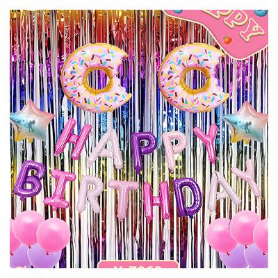 China Birthday Party Donuts Theme Birthday Party Decorations for Little Girl Princess, Pink Purple Balloons with Stars and Shiny Fringe Curtain for sale