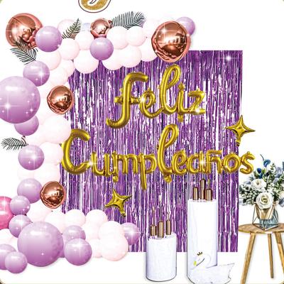 China Party Decoration Kit Foil Fringe Curtains Party Decorations Purple Purple Backdrop For Happy Birthday Purple Spanish Letters Balloons for sale