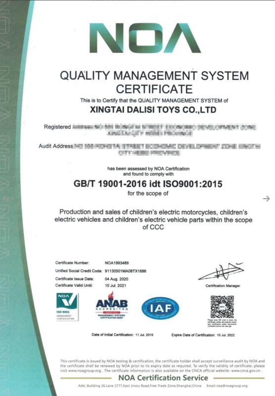 ISO9001 - Xingtai Dalisi Toys Co., Ltd.