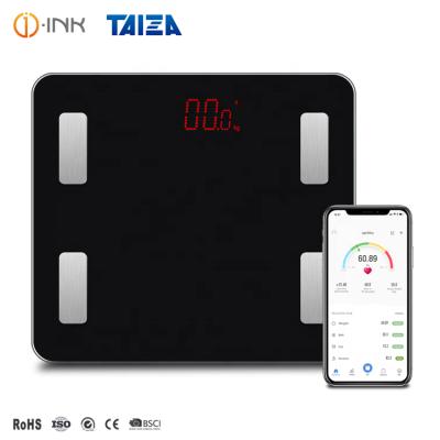 China Free Sample Black BMI ABS Tempered Glass Body Fat Stocked Accurate LCD Digital Smart Bathroom Scale for sale