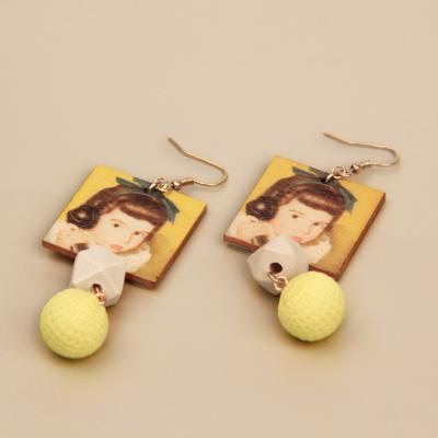 China FASHIONABLE New Trinkle Wooden Faceted Printed Flowerball Drop Earrings Cool Korean Women Women for sale