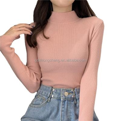 China 2021 New Fashion Anti-wrinkle Women Girls Knitwear Stand Collar Sweater Blouse Long Sleeve Solid Color Knit Slim Casual Sweater for sale