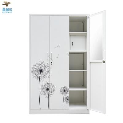 China 2021 good quality model extendable printing 3 door steel middle mirror door storage wardrobe for bedroom furniture for sale