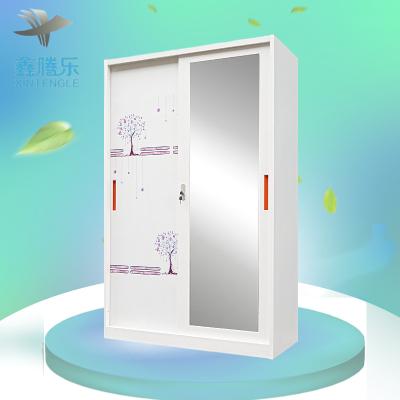 China Indonesia Hot Selling Multifunctional Girls Pakaian Lemari Sliding Door Metal Wardrobe Cabinet With Mirror for sale