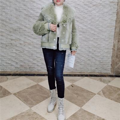 China Women Winter Lamb Fur Coat Jacket Green Turn-Down Collar Breathable Short Casual Coat Customized Size for sale