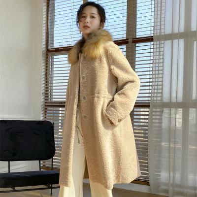 China Customized Breathable Winter Elegant Women's Fur Sheep Design Ladies Curly Fur Coat With Fox Fur Collar for sale