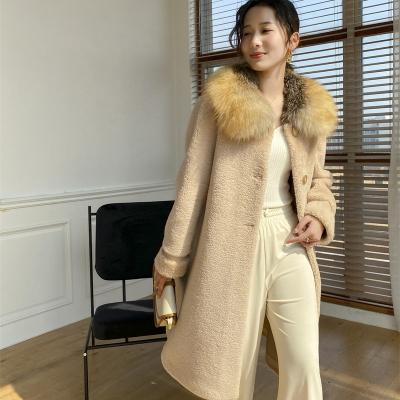 China New Style Long Curly Breathable Lamb Fur Winter Women Ivory Fur Coat With Fox Fur Collar for sale