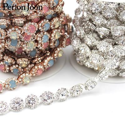 China Flatback 5yards/roll ab color crystal rhinestones trim gold rockable metal Rose crystal chain for dress up accessories ML044 for sale