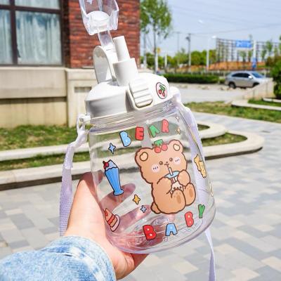 China Custom Cute Portable 1300ml BPA Free Water Bottle Eco Friendly Transparent Clear Plastic Doyoung Viable With Straw Strap Stickers for sale