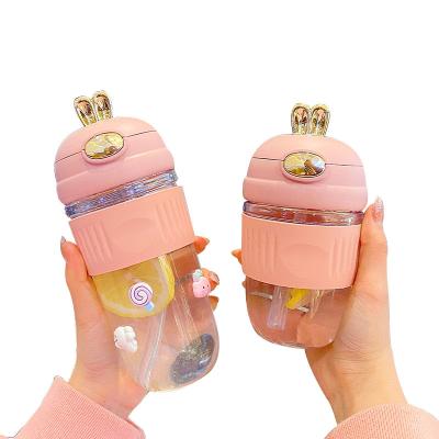 China Doyoung Viable Custom Logo 2022 New 350ml 500ml Insulated Plastic Rabbit Shape Cute Water Bottle With Sleeve Straw Strap For Girls Kids for sale