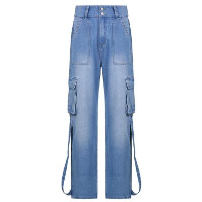 China RTS Streetwear Girls Loose Loose Casual Cargo High Waist Fashion Windproof Pants Long Straight Denim Womens Jeans With Pocket for sale