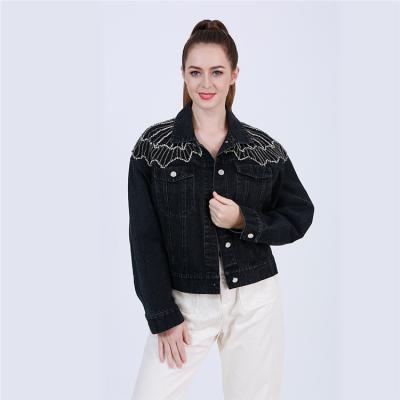 China High Fashion Breathable Denim Twill Handmade Beading Lady Jean Jackets for sale