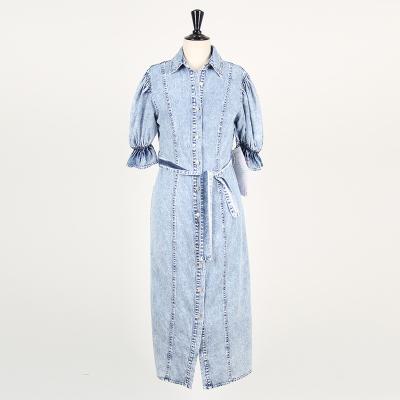 China Simple Style Denim Puff Sleeve Dress Women Anti-Static 100% Cotton Washed Casual Summer for sale