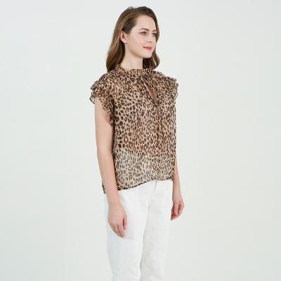 China Chiffon Leopard Anti Pilling Ties Ruffles Sheath Sexy Ladies Women Tops Fashionable for sale