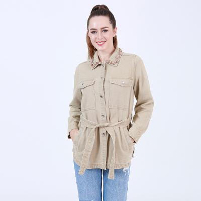 China 100% Cotton Breathable Drawstring Fashion Khaki Jacket Belted Causal Denim Jacket Women for sale