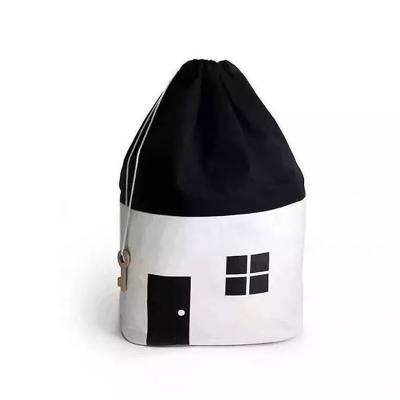 China Black And White Cabin Loonde Cotton Canvas Sustainable Storage Bag Black And White Children'S Toy Storage Bag for sale