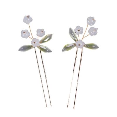 China Classic pan hair style metal hair pin, three-leaf lily of the valley fresh small hair fork, fashion girl costume accessories for sale