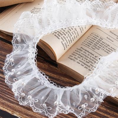 China Viable Neckline Dress Applique Decorated DIY Milk Silk Tulle Fabric Embroidery Lace Bead Ruffle Fancy Lace Trim 6cm for sale