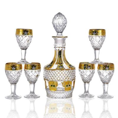 China Luxury Gold Metal Enamel Wine Glass Bottle Enamel Cup Lead Free Glass Set No Handle for sale