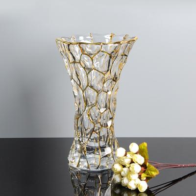 China Party Bohemian Wedding Crystal Glass Clear Flared Golden Decorative Home Vase 30cm for sale