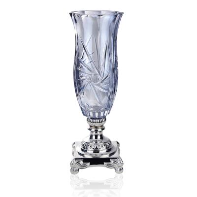 China Bohemian electroplate blue glass and crystal vases with silver metal stasnd glass vases for home decor for sale