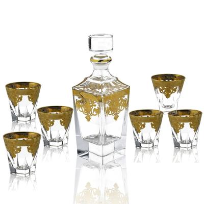 China Modern Whiskey Decanter Set Gold Decal Metal Square Bottles And Glass Cup Premium Set For Wine for sale