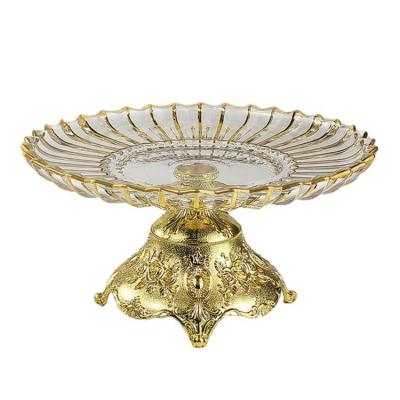 China MIDDLE EAST Custom Glass Fruit Dish With Metal Base Line Design Gold Decorative Craft for sale