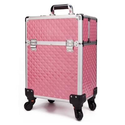 China 2021 Fashion New Design Professional Aluminum Trolley Cosmetics Makeup Rolling Case for sale