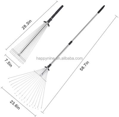 China CLASSIC 15 Teeth Telescopic Long Steel Handle Universal Leaf Fan Rake with Expandable Steel Locking Head and Switch for sale