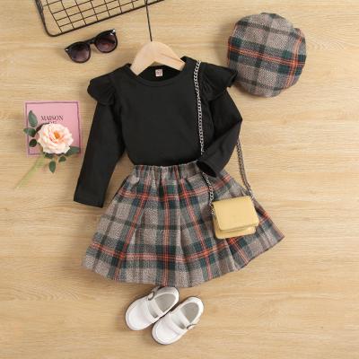 China 2021 Autumn Middle Girls Knitted Bottom Shirt Plaid Pleated Skirt With Hat Three Piece Suit for sale