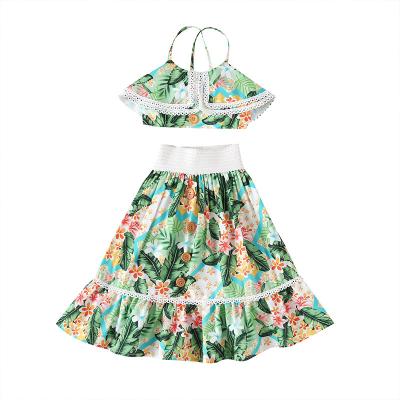 China 2 Pcs Girl Clothing Set Toddler 1-6Y Babies Clothes Sets Flowers Print Ruffles Lace Sleeveless Vest Tops+Boho Trims for sale