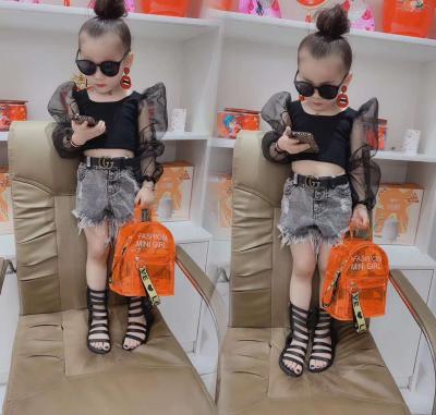 China Summer Fashion Kids Girl Organza Compressed Sheer Sleeves Crop Top Solid Black Toddler Cute Girl Styles Kids Girl Top Shirt 2-8T for sale