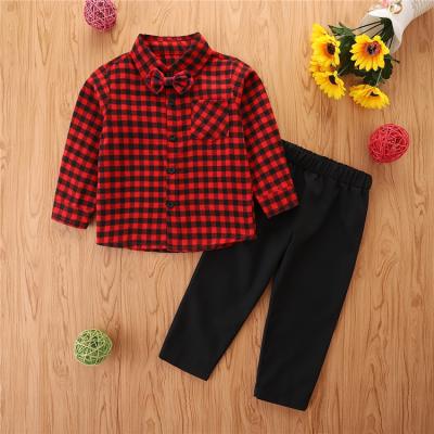 China 2021 New Autumn Boys Red Plaid Baby Boy Clothing Style Children's Cardigan Two-piece Suit European Long-sleeved Shirt Pants for sale