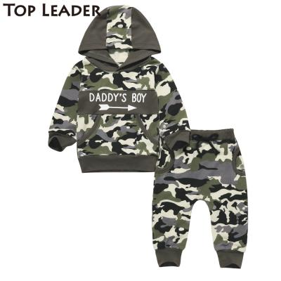 China 2021 Eco-Friendly New Supreme Leader Springs Toddler Boy Baby Boy Printed Pockets Long Sleeve Tops Camouflage Printed Pants Tracksuit for sale