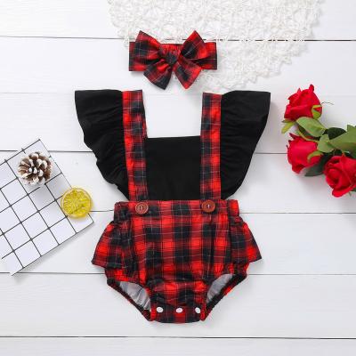 China Supreme Leader Summer Newborn Baby Girls Plaid Breathable Patchwork Playsuit Pilot Sleeve Square Collar Jumpsuit Clothes for sale