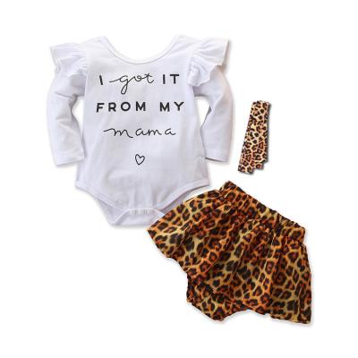 China Supreme Leader Breathable Fall Autumn 3PCS Newborn Baby Clothes Ruffle Romper Top Leopard Skirts Fall Outfits Set for sale