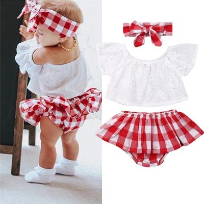 China Breathable Supreme Leader Cute Newborn Baby Girl Summer Clothes 3pcs Off Shoulder Tops+Plaid Short Dress+Headband Outfits for sale