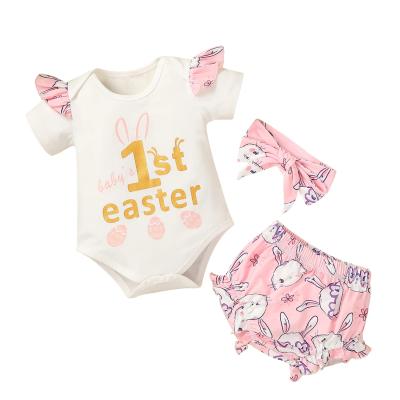 China Breathable Girl's Easter Three Piece Set Newborn Fly Short Sleeves Romper Ruffled Edge Shorts Hair Band For Infants for sale