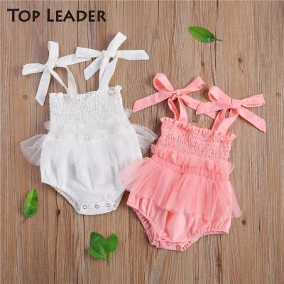 China Fashion Supreme Leader Newborn Infant Baby Girls Tulle Romper Pink Bow Sleeveless Pleated One Piece Jumpsuit for sale