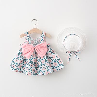 China Breathable Tops LeaderBaby Girls Beach Princess Dress Cute Bow Flowers Sleeveless Newborn Toddler Cotton Summer Dresses+Sunhat Clothing Set for sale