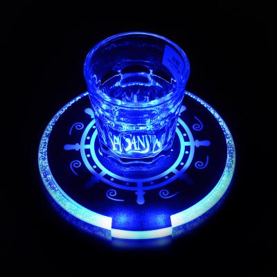 China Viable sale cheap acrylic blue color plastic brand logo print led light coaster for night club for sale