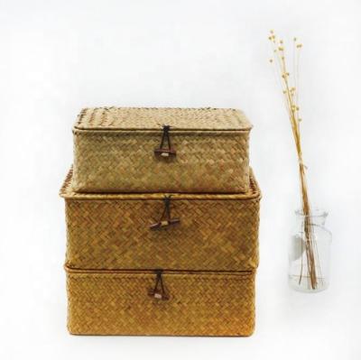 China Vintage Sustainable Handmade Natural Box Vegetable Plankton Cheap Price Straw Sea Grass Palm Leaf Tool Storage Boxes for sale