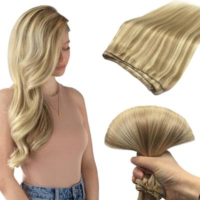 China 100G Sew Shiny Flat Hair Weave Cuticle Aligned Extension No Tangle Real Person Hair #16/22 Straight Hair Weave Gold Light Weft for sale