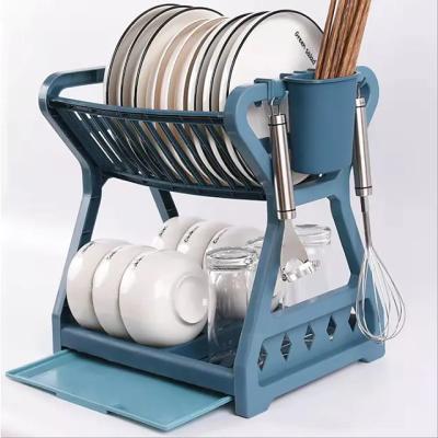 China New Modern Double-Layer Kitchen Dish Bowl Draining Storage Rack With Chopstick Cage Household Tableware Organizer Tray Box Basket for sale