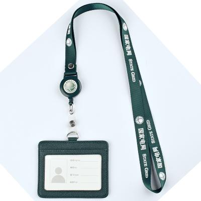 China All Custom Leather Card Case Lanyard Sleeve Badge Holder Premium Logo Employee Loops PU ID with Band Lanyard for sale