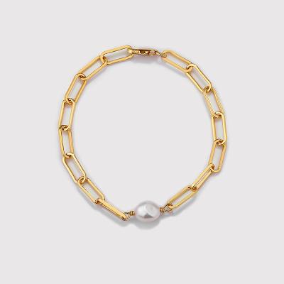 China JoyEver Lead Free Nickel Free 18k Gold Plated Paper Clip Chunky Link Chain 925 Sterling Silver Minimalist Pearl Bracelet for sale