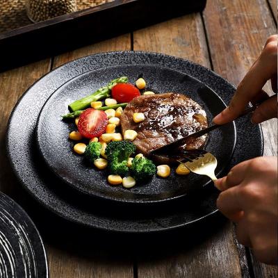 China Japanese Style Matte Black Restaurant Tableware Round Sustainable Stock Cheap Sushi Plates And Dish Ceramic Dinner Serving Dishes for sale